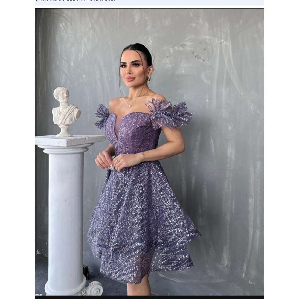 1691 OMUZLARI DÜŞÜK KISA PAYETLİ TÜTÜ ELBİSE