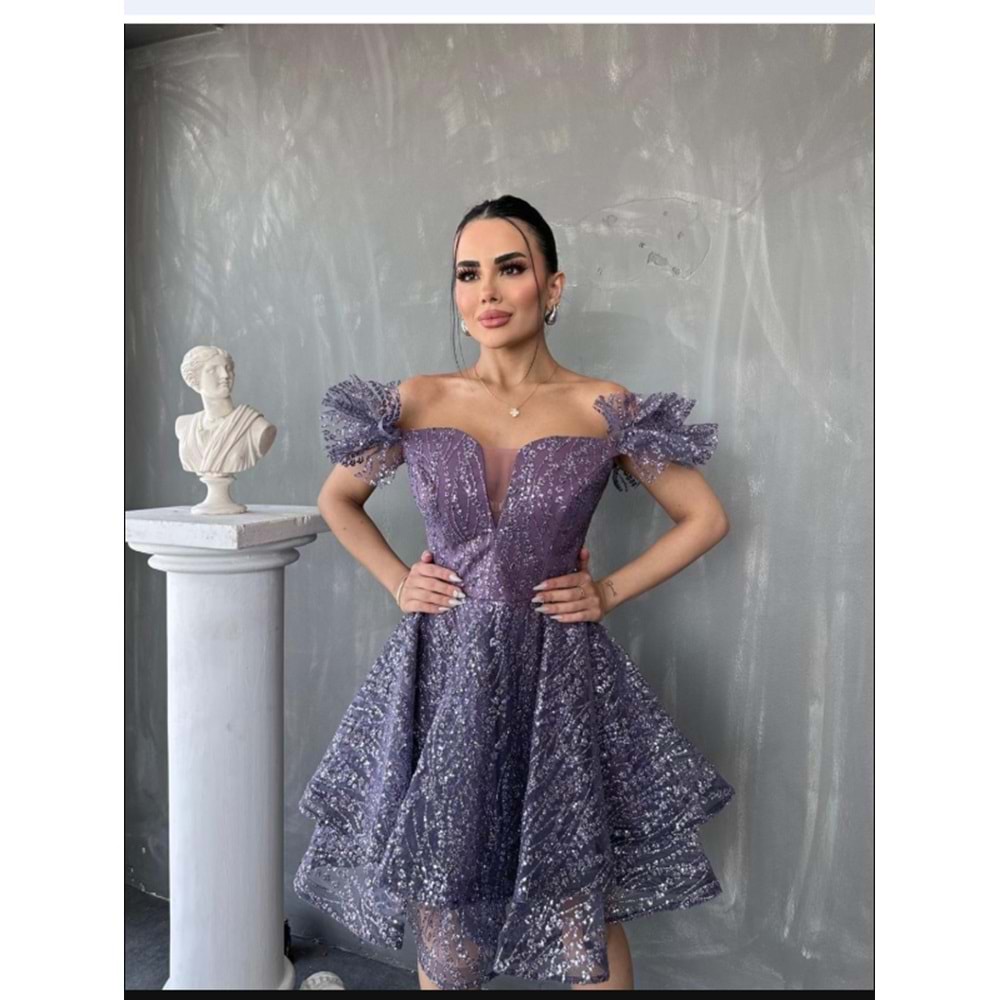 1691 OMUZLARI DÜŞÜK KISA PAYETLİ TÜTÜ ELBİSE