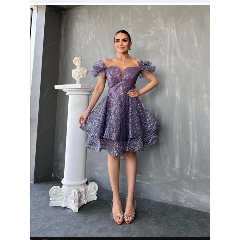 1691 OMUZLARI DÜŞÜK KISA PAYETLİ TÜTÜ ELBİSE