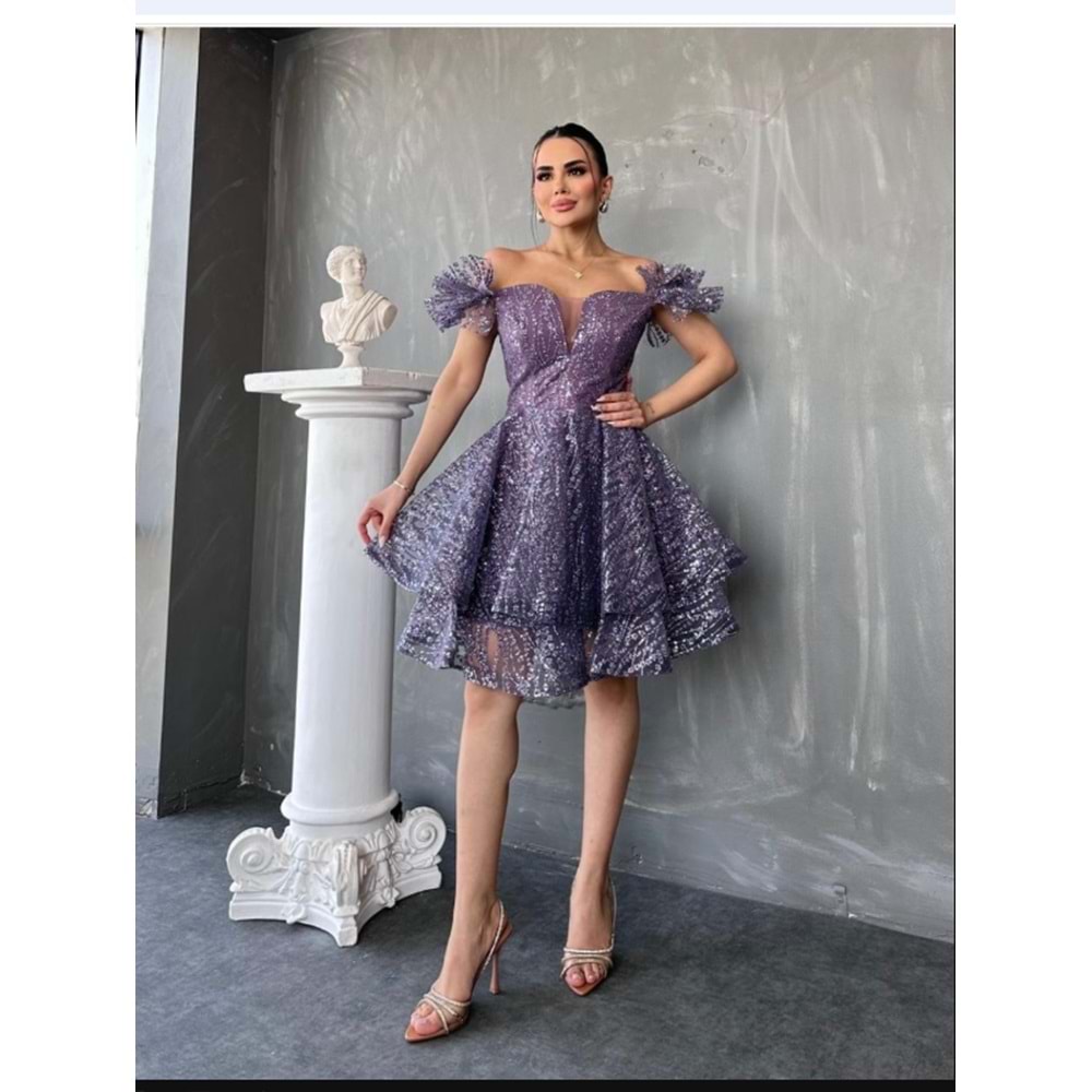 1691 OMUZLARI DÜŞÜK KISA PAYETLİ TÜTÜ ELBİSE