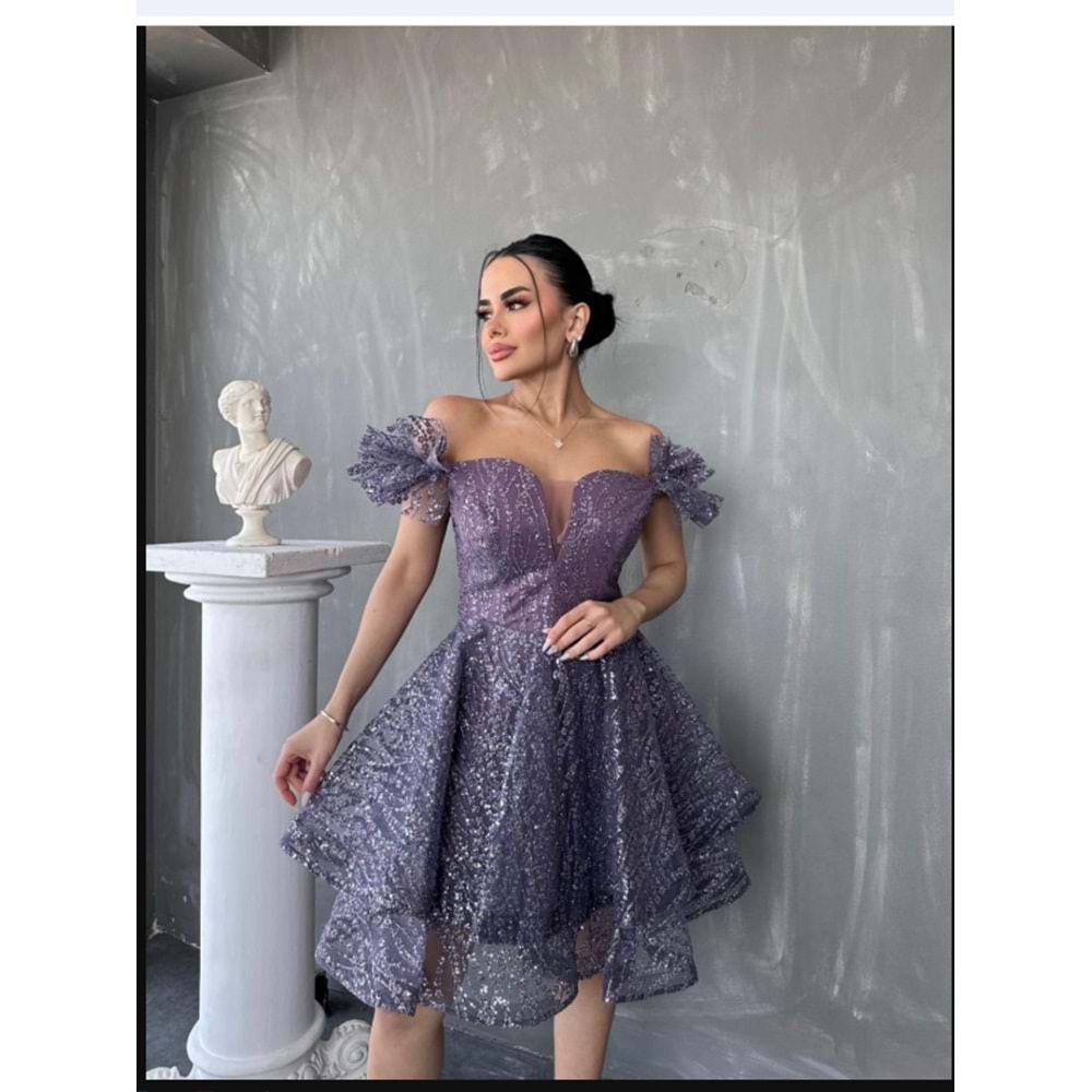 1691 OMUZLARI DÜŞÜK KISA PAYETLİ TÜTÜ ELBİSE