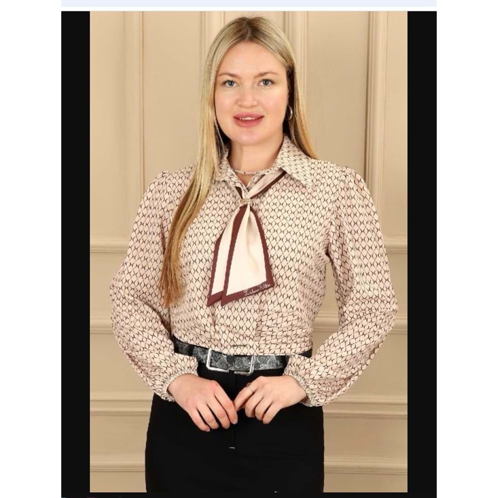 D3664 FULAR DETAYLI DESENLİ BLUZ