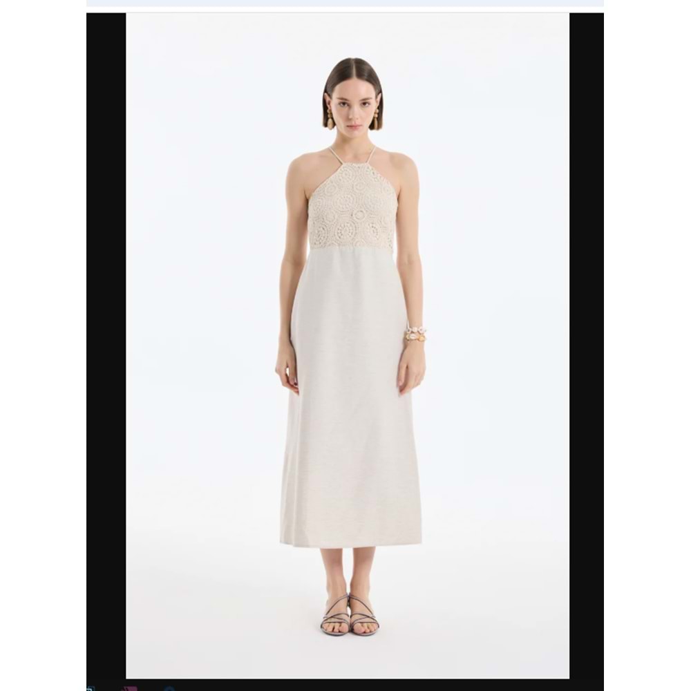 25YELB00399 HALTER YAKA DANTELLİ UZUN ELBİSE NATUREL