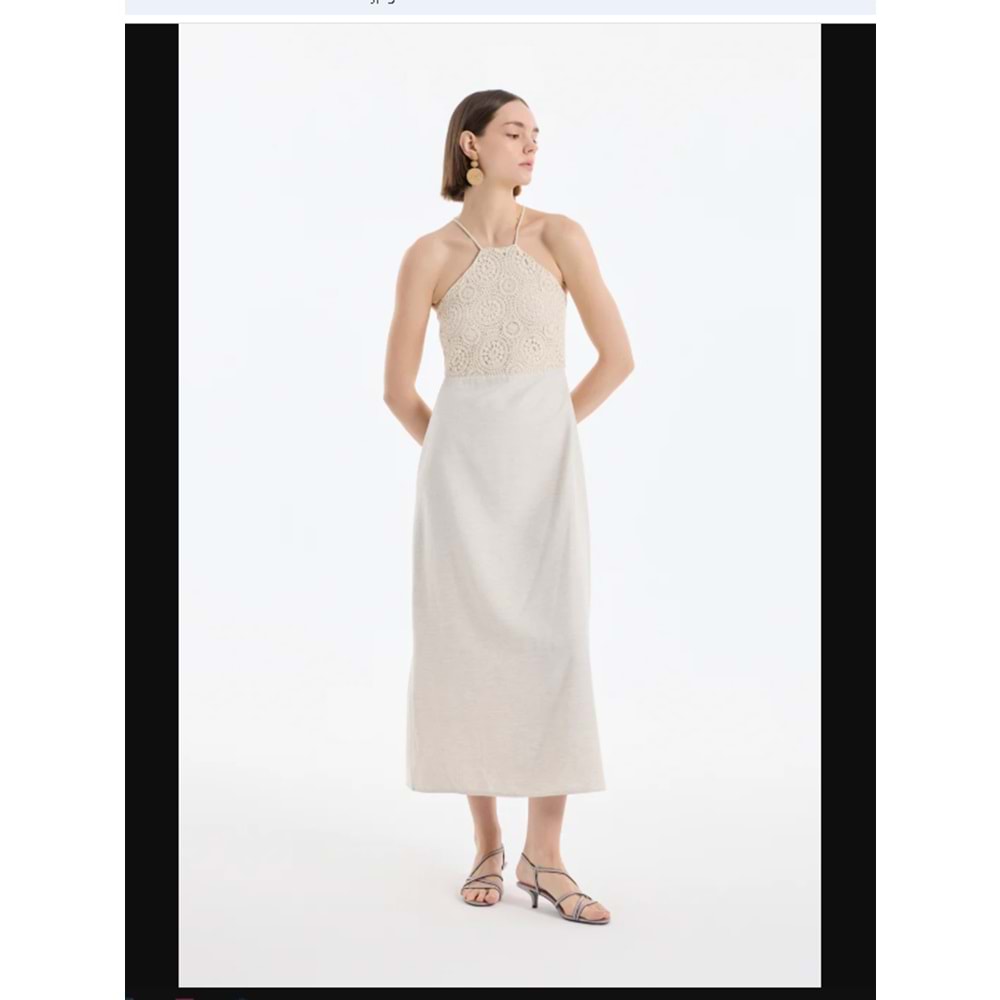 25YELB00399 HALTER YAKA DANTELLİ UZUN ELBİSE NATUREL