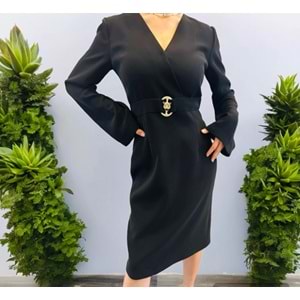 4307 SİYAH BELİ TOKA DETAYLI ELBİSE