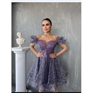 1691 OMUZLARI DÜŞÜK KISA PAYETLİ TÜTÜ ELBİSE