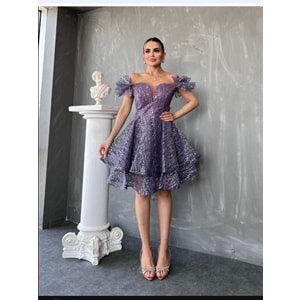 1691 OMUZLARI DÜŞÜK KISA PAYETLİ TÜTÜ ELBİSE