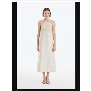 25YELB00399 HALTER YAKA DANTELLİ UZUN ELBİSE NATUREL
