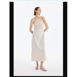 25YELB00399 HALTER YAKA DANTELLİ UZUN ELBİSE NATUREL