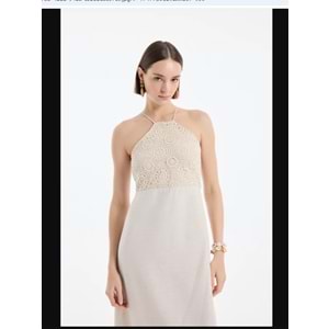 25YELB00399 HALTER YAKA DANTELLİ UZUN ELBİSE NATUREL