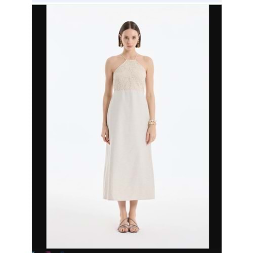 25YELB00399 HALTER YAKA DANTELLİ UZUN ELBİSE NATUREL