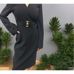 4307 SİYAH BELİ TOKA DETAYLI ELBİSE